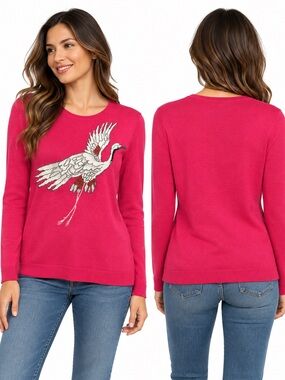LOFT Flying Crane Sweater Women’s L Hot Pink Fuchsia Wool Blend Bird Knit